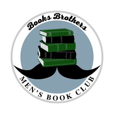 PIle of black and green books on top of black mustache and name "Books Bothers Men's Book Club"