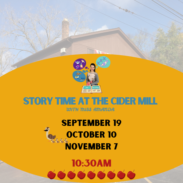IG Fall Story Time at the Cider Mill 2026.png Woman talking in bubbles, duck family, appels and text