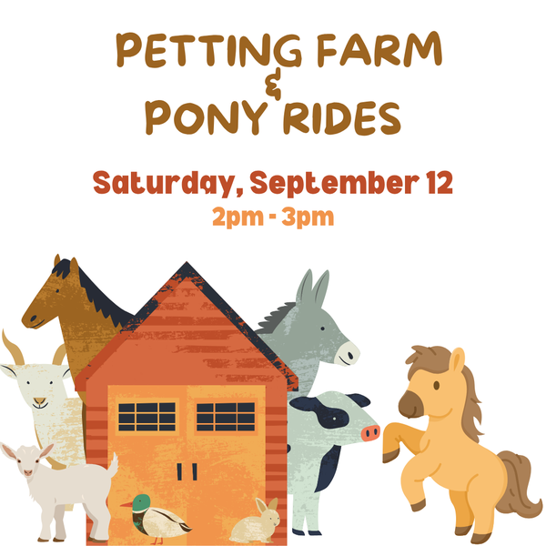 Farm animals surrounding a red barn, text "petting farm and pony rides"