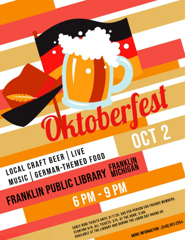 Mug of beer and German flag and hat on orange, beige and red stripes, text "Oktoberfest"