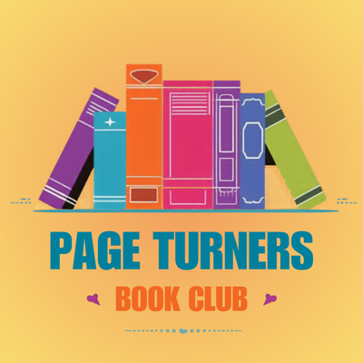 Colorful books holding vertically againste each other on orange backgroung with test "Page Turners Book Club"